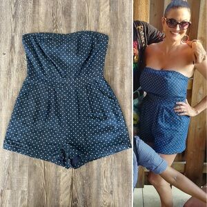Dark Blue Strapless Polka Dot Romper